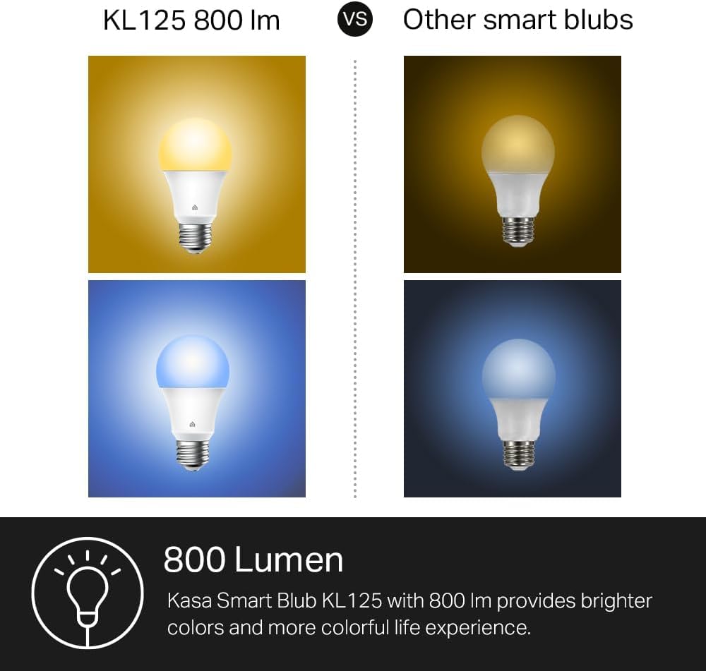 Kasa Smart Light Bulbs, Full Color Changing Dimmable Smart WiFi Bulbs Compatible with Alexa and Google Home, A19, 9W 800 Lumens,2.4Ghz only, No Hub Required, 4 Count (Pack of 1), Multicolor (KL125P4)