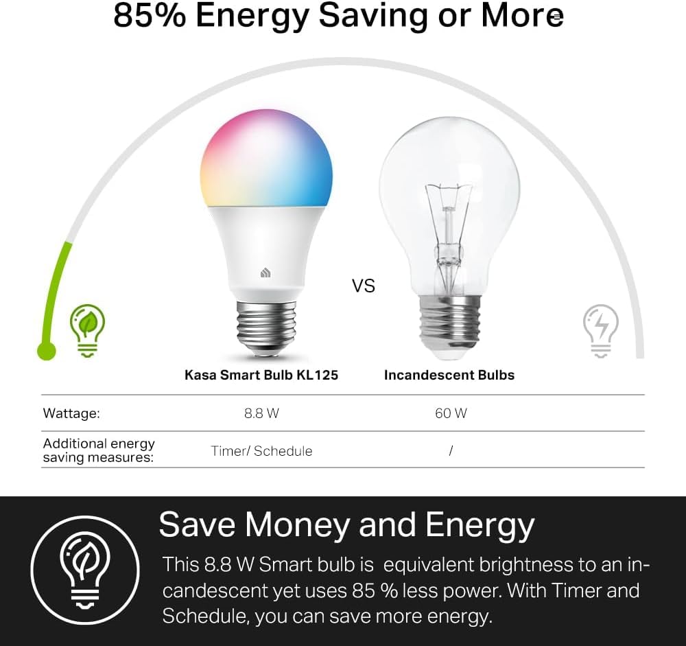 Kasa Smart Light Bulbs, Full Color Changing Dimmable Smart WiFi Bulbs Compatible with Alexa and Google Home, A19, 9W 800 Lumens,2.4Ghz only, No Hub Required, 4 Count (Pack of 1), Multicolor (KL125P4)