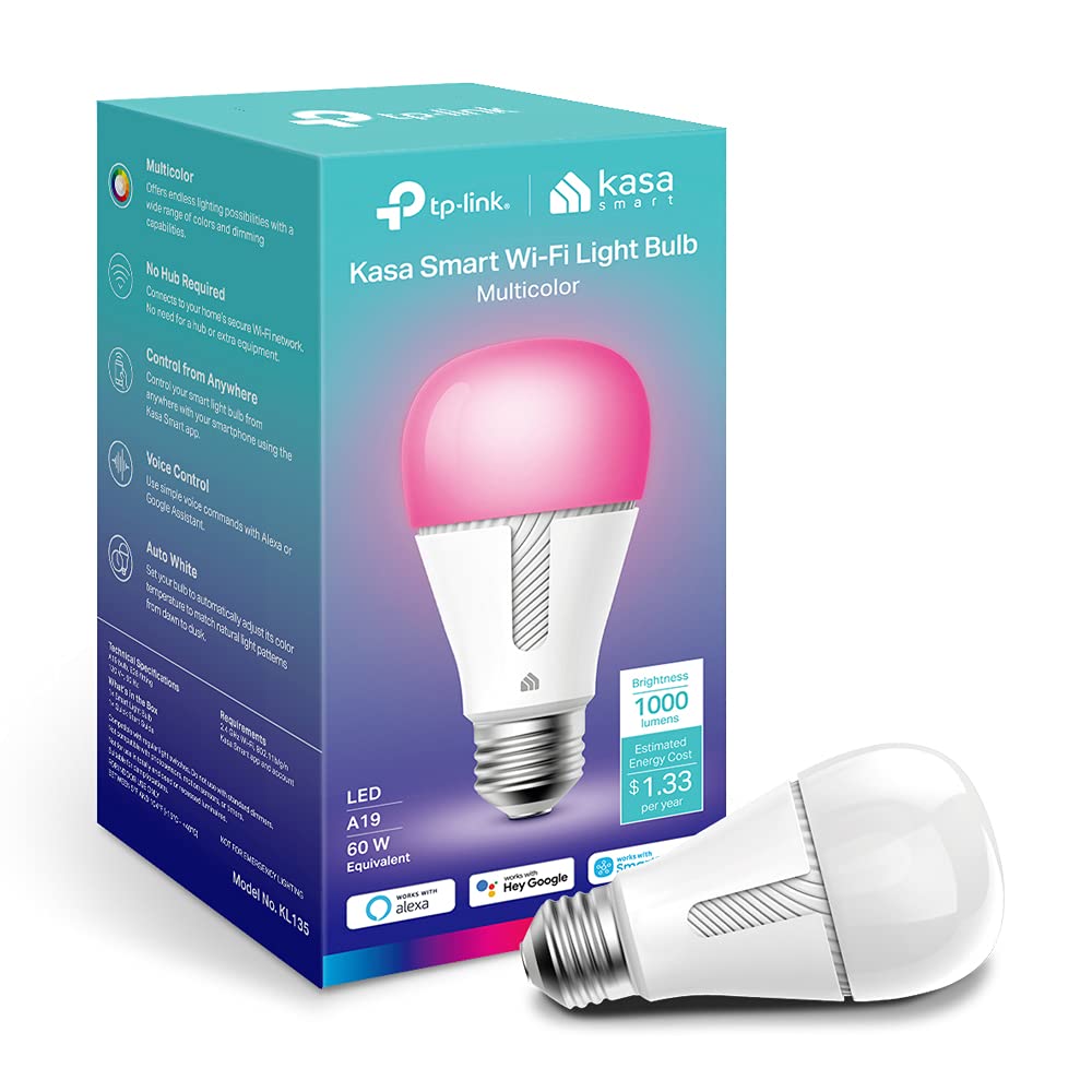 Kasa Smart Light Bulbs, Full Color Changing Dimmable Smart WiFi Bulbs Compatible with Alexa and Google Home, A19, 9W 800 Lumens,2.4Ghz only, No Hub Required, 4 Count (Pack of 1), Multicolor (KL125P4)