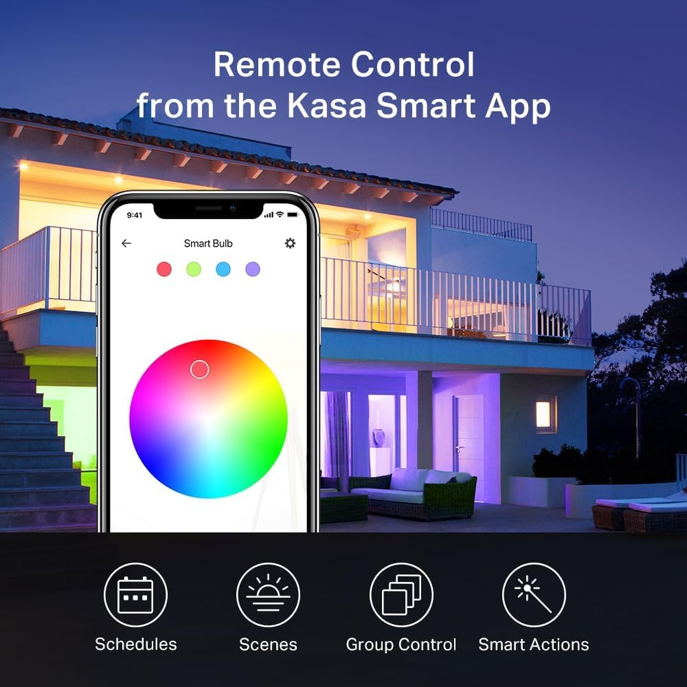 Kasa Smart Light Bulbs, Full Color Changing Dimmable Smart WiFi Bulbs Compatible with Alexa and Google Home, A19, 9W 800 Lumens,2.4Ghz only, No Hub Required, 4 Count (Pack of 1), Multicolor (KL125P4)