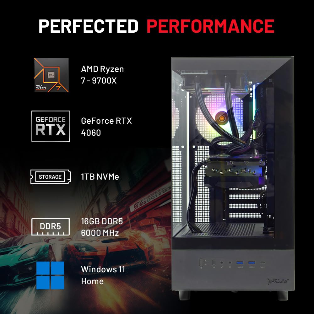 Skytech Gaming Azure 3 Desktop PC, Ryzen 7 9700X 3.8 GHz (5.5GHz), NVIDIA RTX 5060, 1TB NVMe SSD, 16GB DDR5 RAM 6000, 850W Gold ATX 3 PSU, 360mm ARGB AIO, Wi-Fi, Win 11
