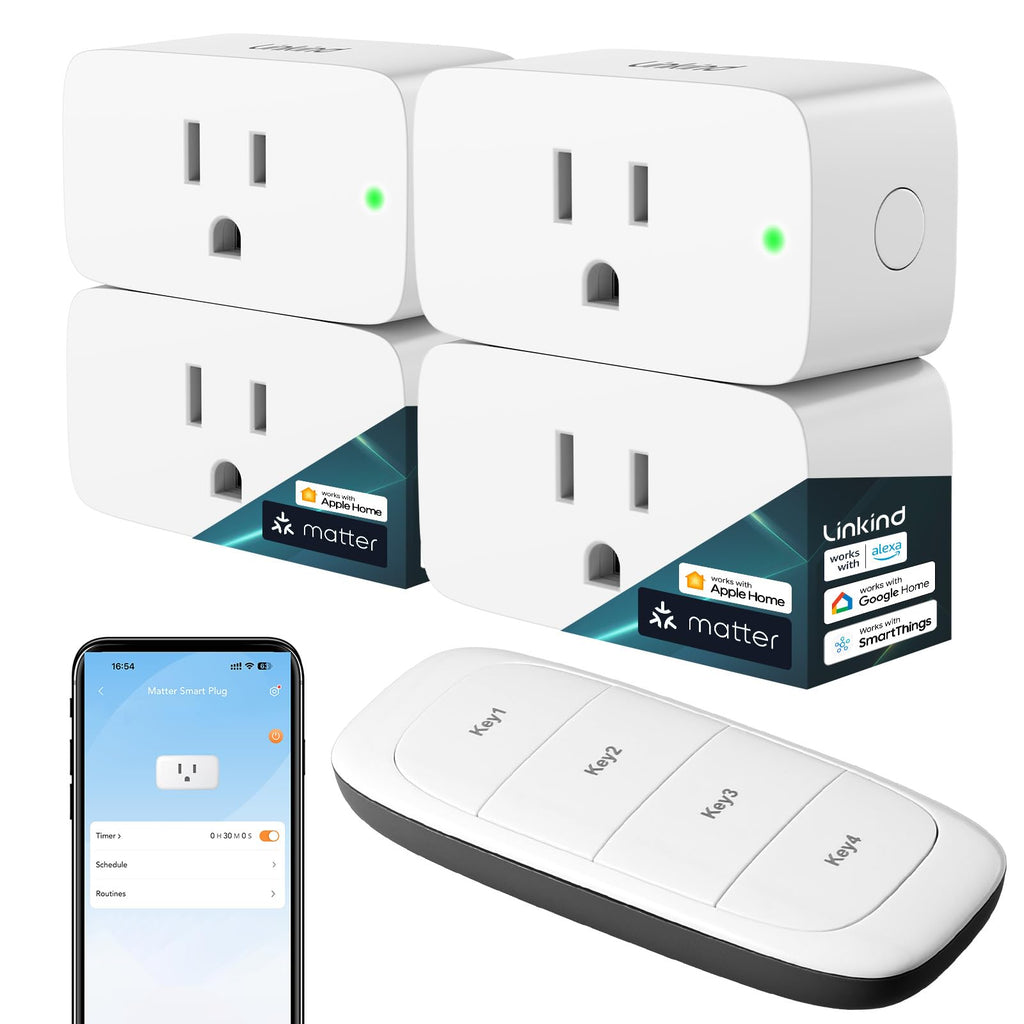 Linkind Matter Smart Plug, Work with Apple Home, Siri, Alexa, Google, SmartThings, Smart Outlet 15A/1800W Max, Smart Home Automation, APP Remote Control,Timer&Schedule, 2.4G Wi-Fi Only, 4 Pack