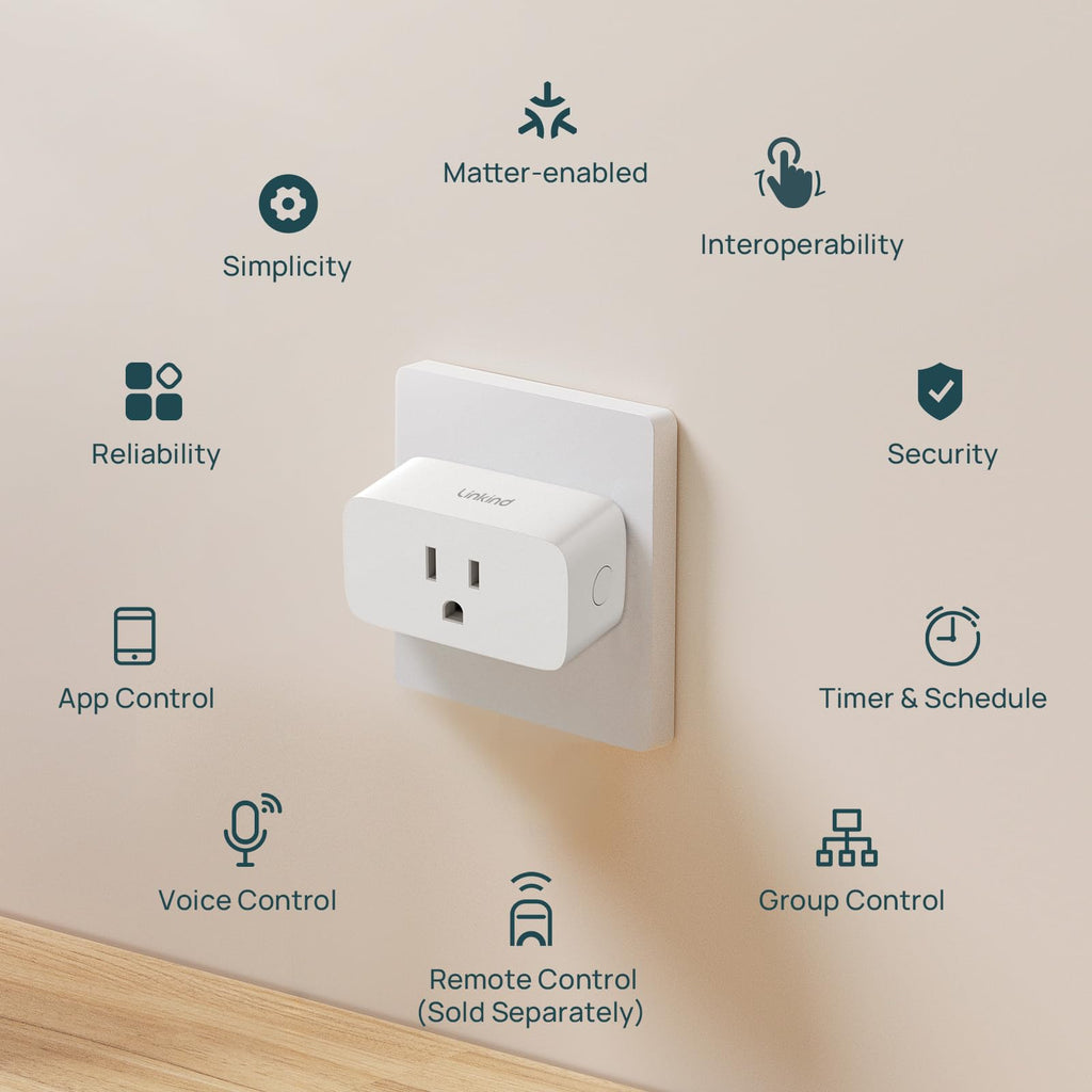Linkind Matter Smart Plug, Work with Apple Home, Siri, Alexa, Google, SmartThings, Smart Outlet 15A/1800W Max, Smart Home Automation, APP Remote Control,Timer&Schedule, 2.4G Wi-Fi Only, 4 Pack