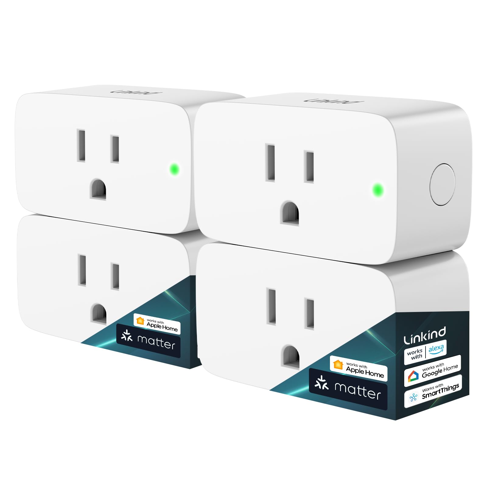 Linkind Matter Smart Plug, Work with Apple Home, Siri, Alexa, Google, SmartThings, Smart Outlet 15A/1800W Max, Smart Home Automation, APP Remote Control,Timer&Schedule, 2.4G Wi-Fi Only, 4 Pack