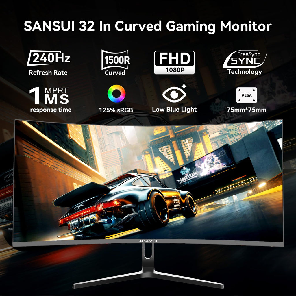 SANSUI 32 Inch Curved 240Hz Gaming Monitor High Refresh Rate, FHD 1080P Gaming PC Monitor HDMI DP1.4, Curved 1500R, 1Ms MPRT, HDR,Metal Stand,VESA Compatible(DP Cable Incl.)