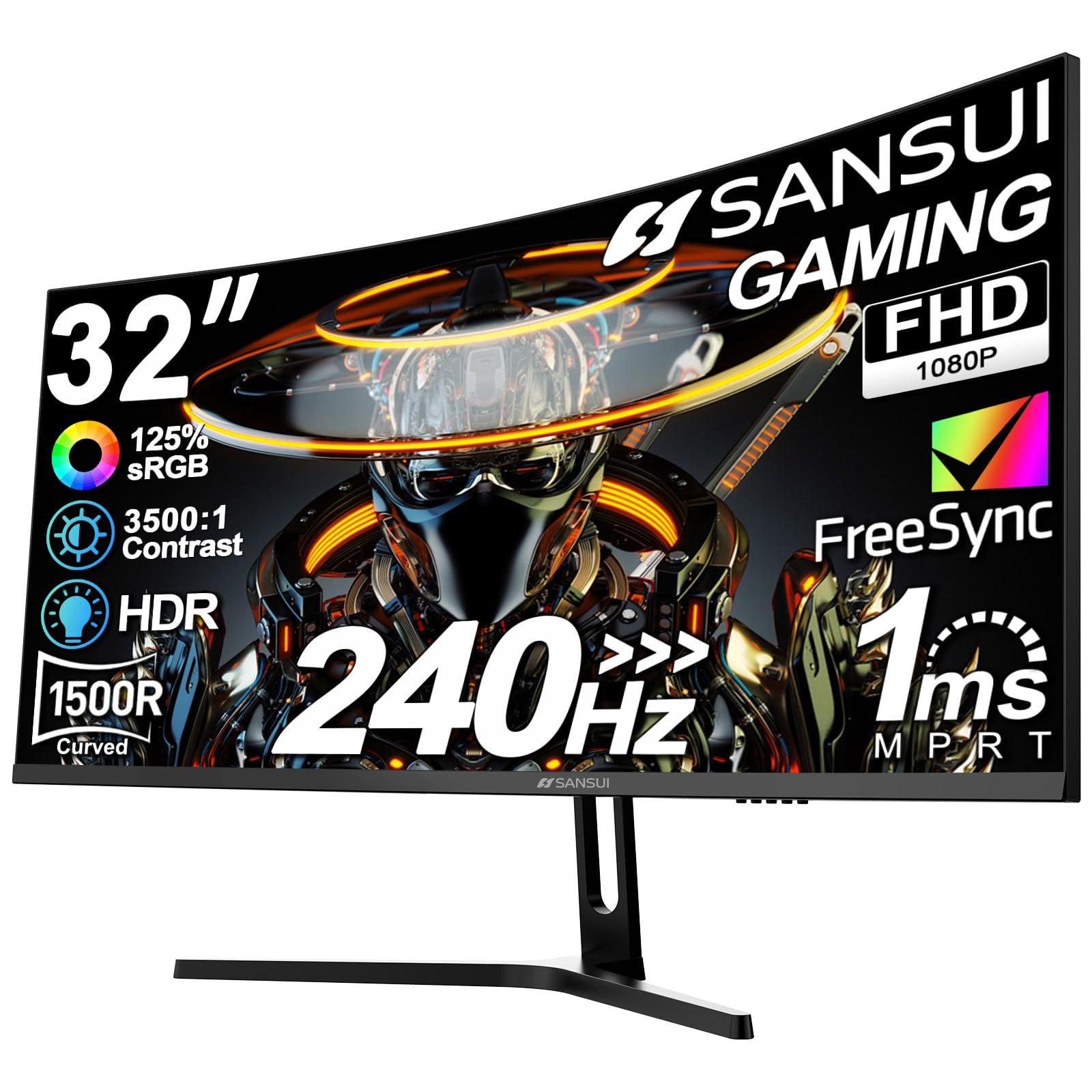 SANSUI 32 Inch Curved 240Hz Gaming Monitor High Refresh Rate, FHD 1080P Gaming PC Monitor HDMI DP1.4, Curved 1500R, 1Ms MPRT, HDR,Metal Stand,VESA Compatible(DP Cable Incl.)