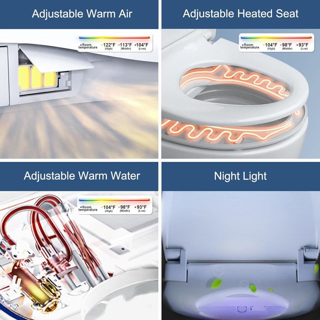 Combier Bidet Toilet Seat with Heated Warm Water & Nozzle Wash, Auto-Dry, Quiet Close Lid, Wireless Remote - Electric Bidet Seat 102S-B(Elongated)