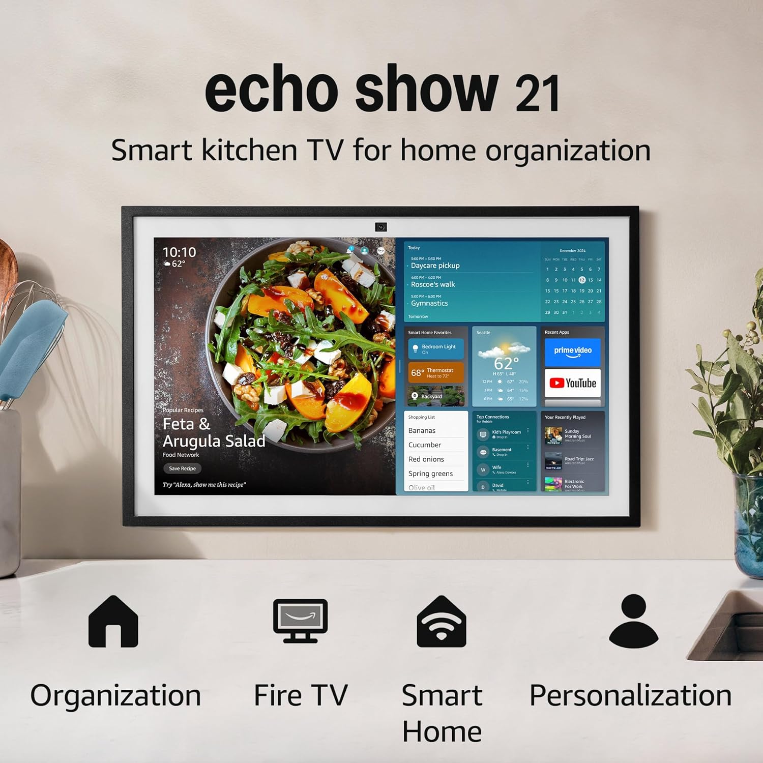 Amazon Echo Show 15 (newest model), Full HD 15.6" kitchen hub for home organization, with built-in Fire TV and Alexa